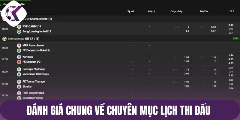 Đánh giá chung về chuyên mục lịch thi đấu