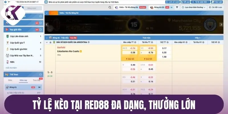 Tỷ lệ kèo tại Red88 đa dạng, thưởng lớn